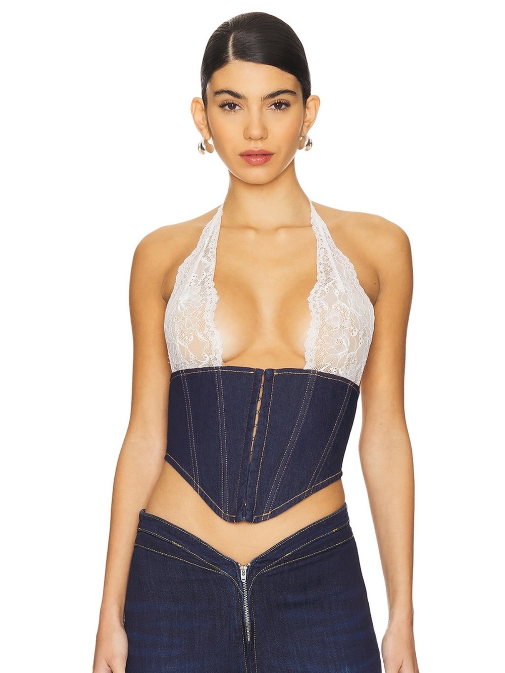 I.AM.GIA White Lace Halter Denim Corset Top
